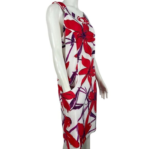 NEW Signature by Sangria Sheath Dress 12 Sleeveless Red White Floral Tropical - Picture 2 of 7